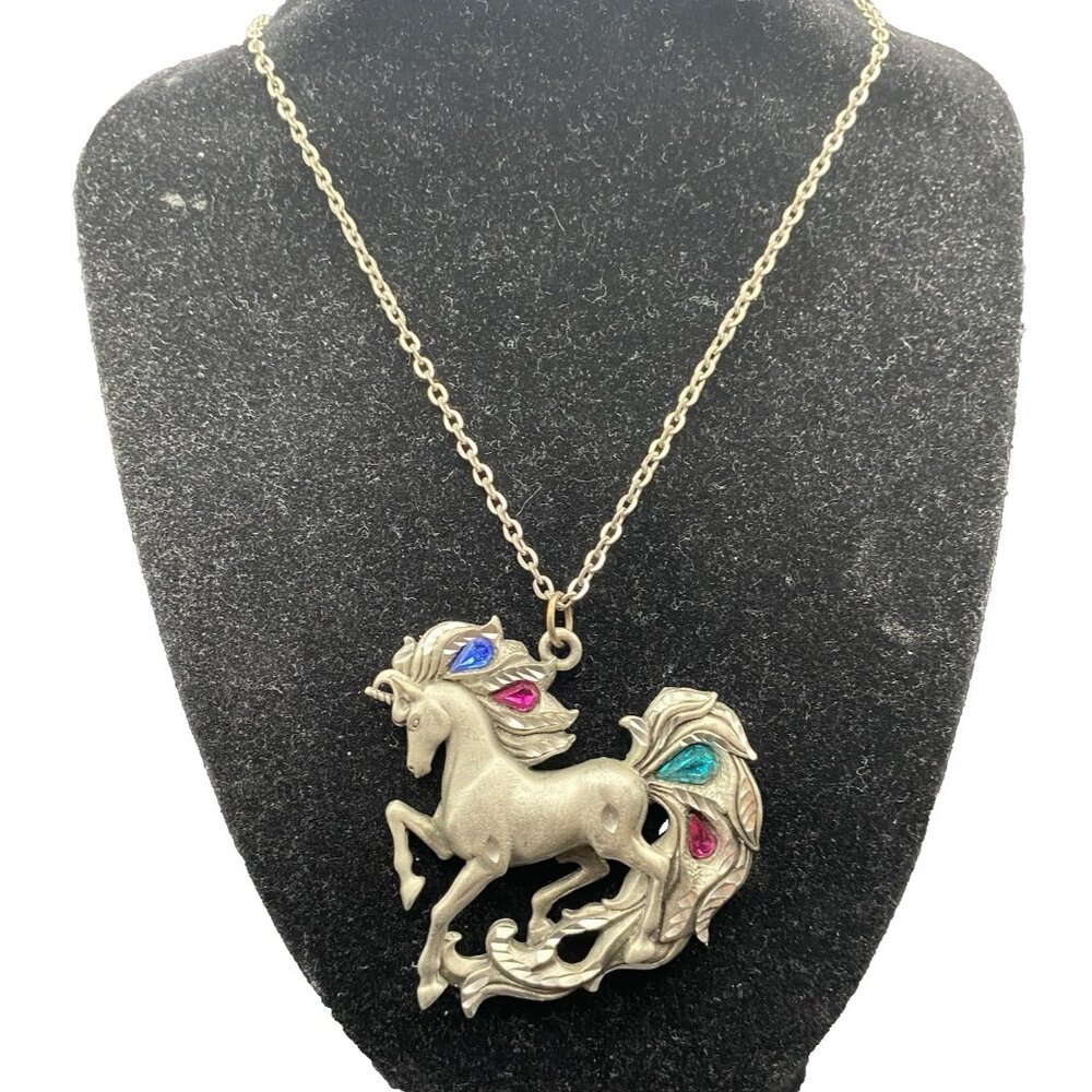 Fable Unicorn Pewter Necklace Pink Turquoise Blue Rhinestone Pendant Signed 18+2 - Picture 2 of 7